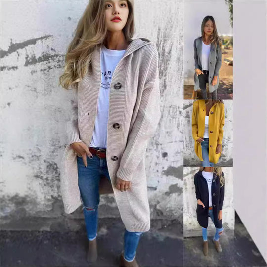 Damen Lange Strickjacke mit hochwertiger Rippstruktur und eleganten Knöpfen EB