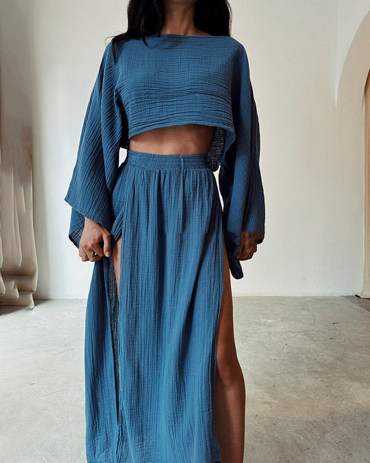 Damen lässiges Zweiteiler-Set mit cropped Oberteil und maxilanger Rockpartie EB