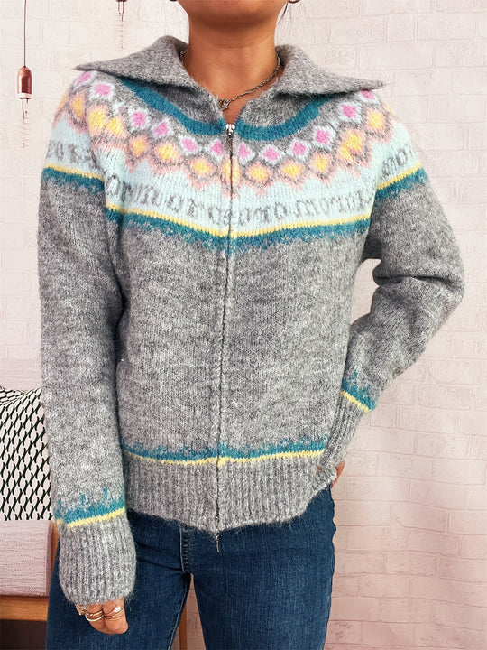 Damen Strickjacke mit buntem Muster und hochwertigem Reißverschluss EB