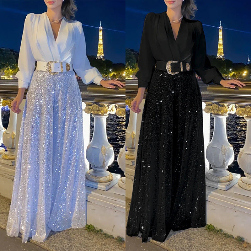 Damen elegante Overall mit funkelnden Pailletten und langem Schnitt EB