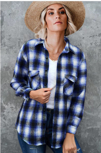 Damen Gestreifte Flanell-Bluse mit zwei Brusttaschen EB