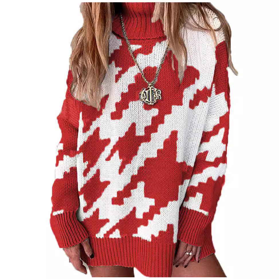 Damen Grobstrickpullover mit hohem Kragen und modernem geometrischen Muster EB