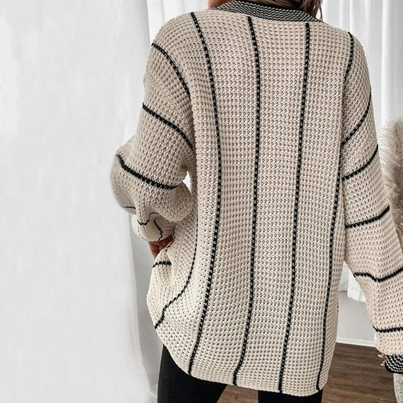 EB | Pullover - Damen Winter Gestreifter V-Ausschnitt Strickpullover