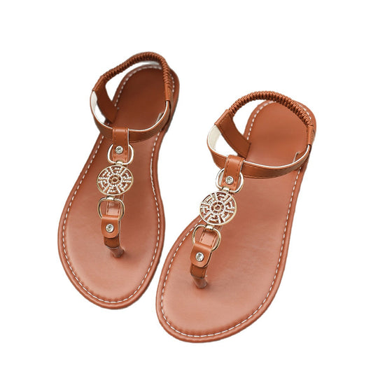 Damen Elegante Zehentrenner Sandalen mit dekorativem Metall-Element EB