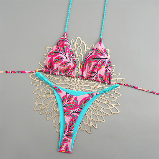 Damen Triangelbikini mit buntem Muster und verstellbaren Trägern EB