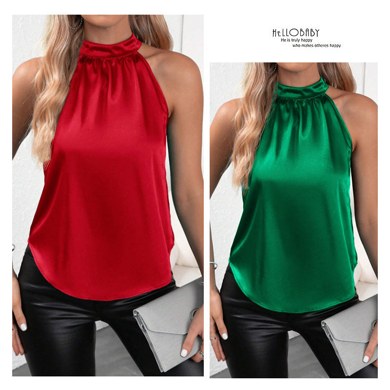 Damen modisches Top mit hohem Kragen und schimmerndem Satin-Finish EB