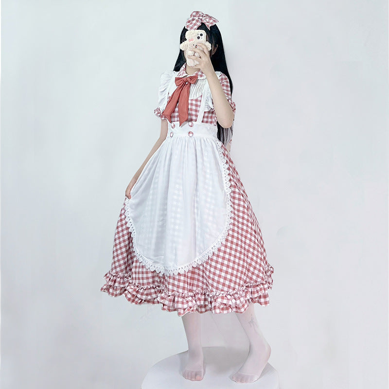 Damen nan vintage-inspiriertes Lolita-Kleid mit Karomuster Volants und abnehmbarer Schürze EB