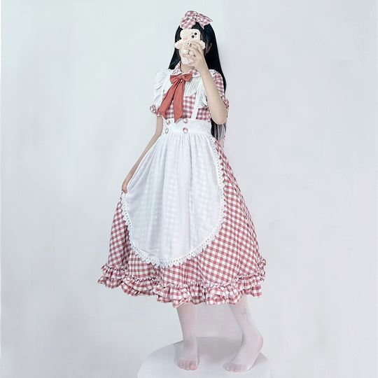 Damen nan vintage-inspiriertes Lolita-Kleid mit Karomuster Volants und abnehmbarer Schürze EB