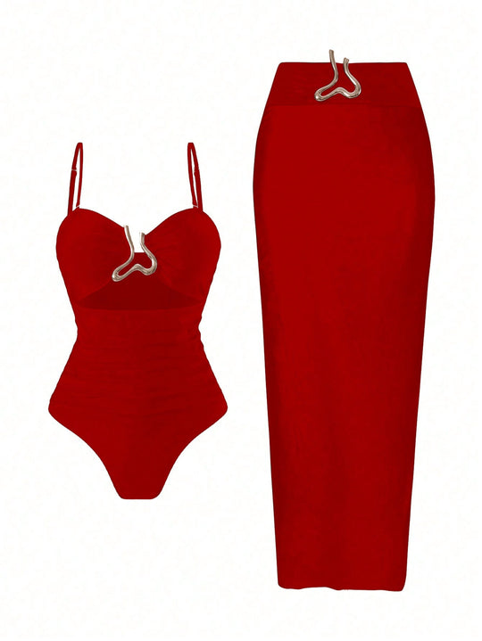 Damen Eleganter Badeanzug mit schickem Wrap-Rock EB