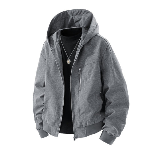 Herren Kapuzenblouson im Vintage-Suede-Look mit durchgehendem Reißverschluss und Rippenbündchen EB