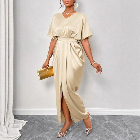 Damen Midikleid mit elegantem V-Ausschnitt und seitlichem Schlitz EB