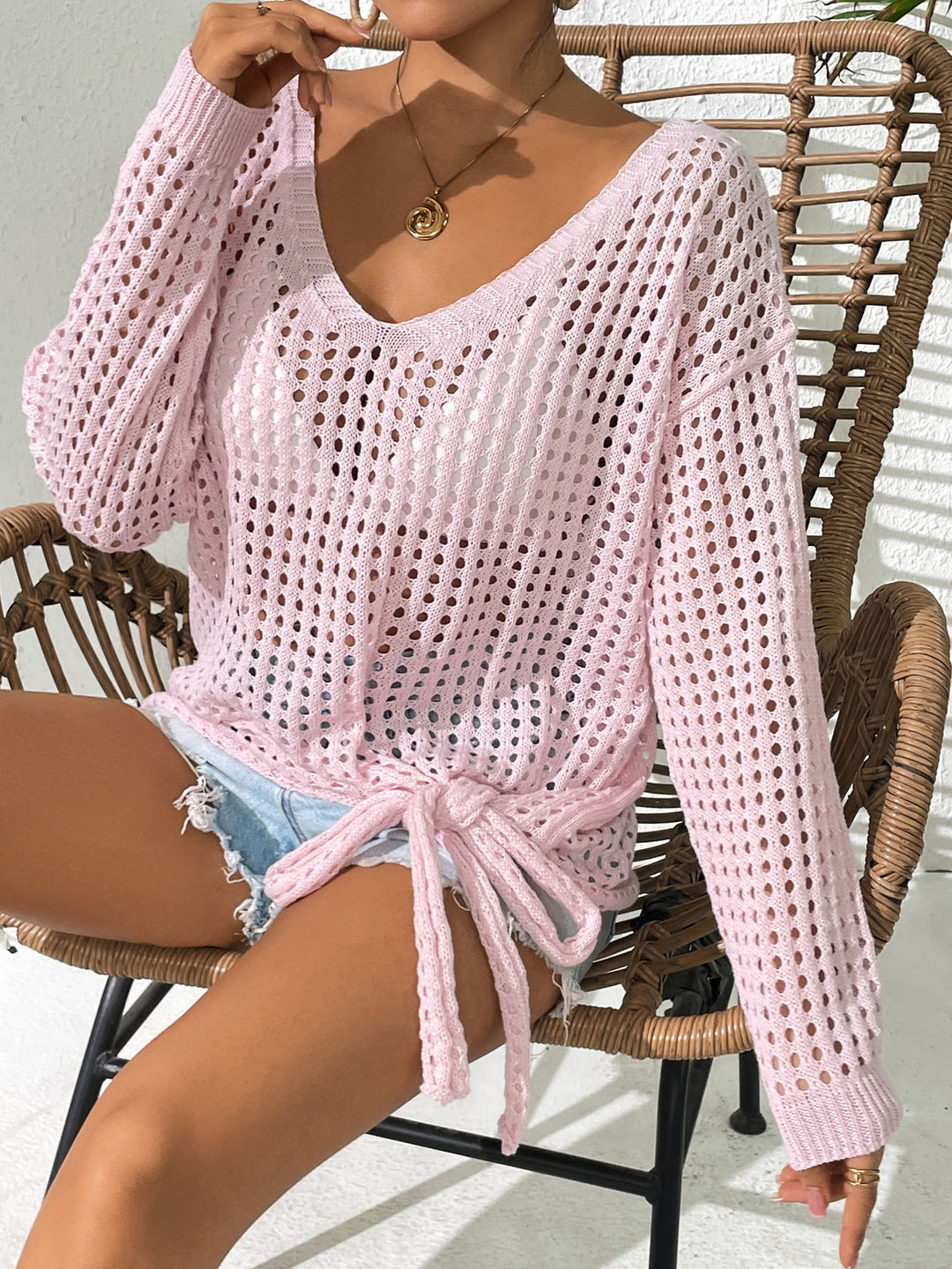 Damen luftiger Strickpullover mit V-Ausschnitt und dekorativem Knoten EB