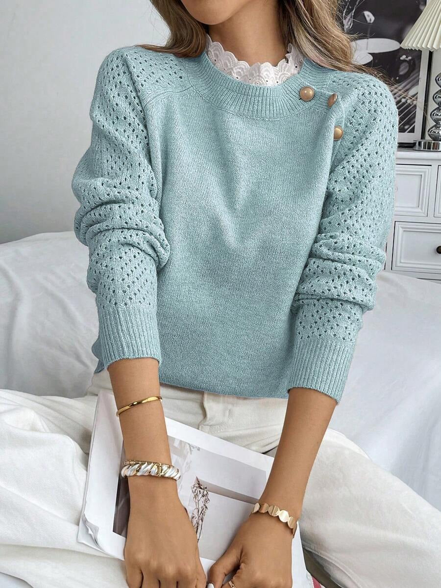 Damen Strickpullover mit dekorativen Knopfdetails und Lochmuster EB