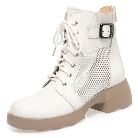Damen Modische Schnürstiefeletten mit atmungsaktivem Netzdesign und komfortablem Blockabsatz EB