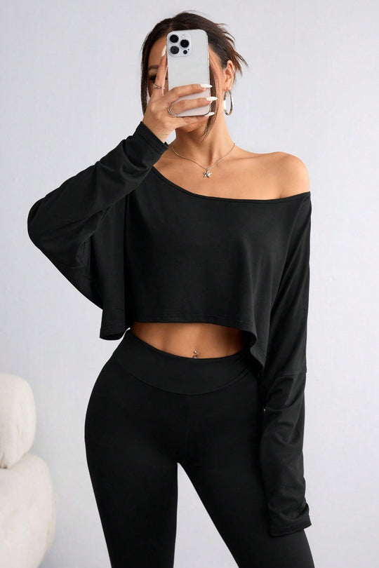 Damen lässiges Oversized Langarm-Shirt mit asymmetrischem Saum und U-Boot-Ausschnitt EB
