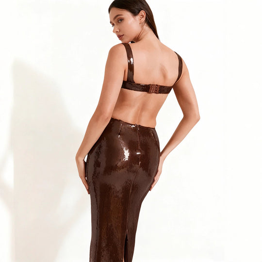 Damen Lange Pailletten-Robekleid mit schicker Silhouette und tiefem Ausschnitt EB