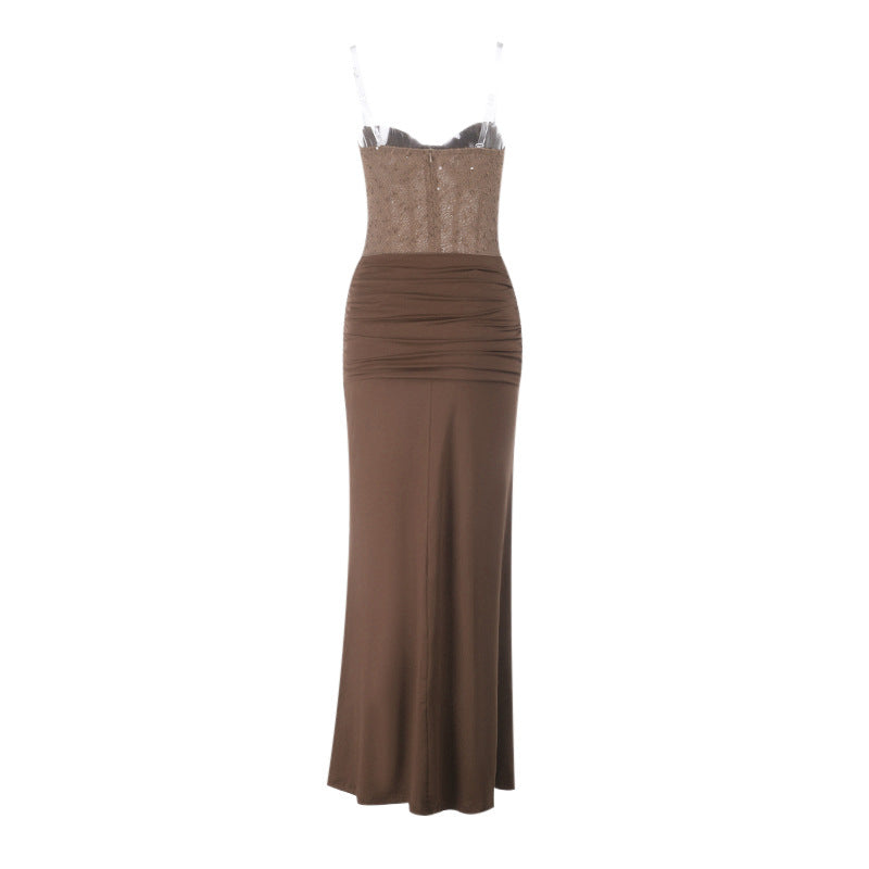 Damen schickes Maxikleid mit elegantem Bustier-Oberteil und gerafftem Rock EB