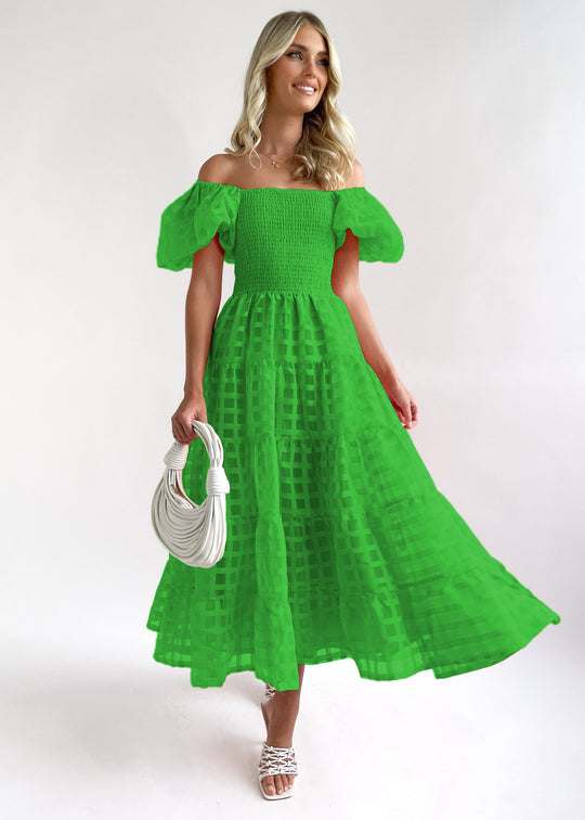 Damen Sommerliches Maxikleid mit voluminösen Puffärmeln und elastischem Taillenbereich EB