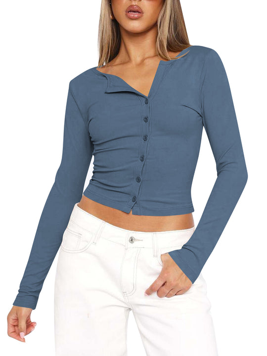 Damen figurbetontes Langarmshirt mit Knopfleiste und V-Ausschnitt EB
