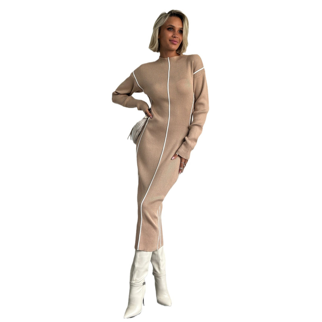 Damen schlankes Midikleid mit Stehkragen, vertikalen Kontrastnähten und Langarm-Rippstrick Eichborn Berlin
