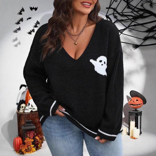 Damen Strickpullover mit Ghost-Motiv und V-Ausschnitt EB