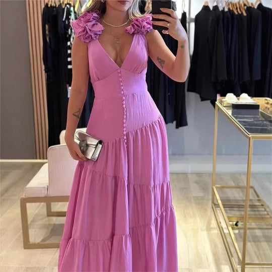 Damen Maxikleid mit schwingendem Rüschendesign und elegantem V-Ausschnitt EB