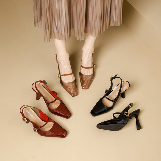 Damen Slingback-Pumps mit eleganter Quadratischer Spitze und glänzendem Riemendesign EB