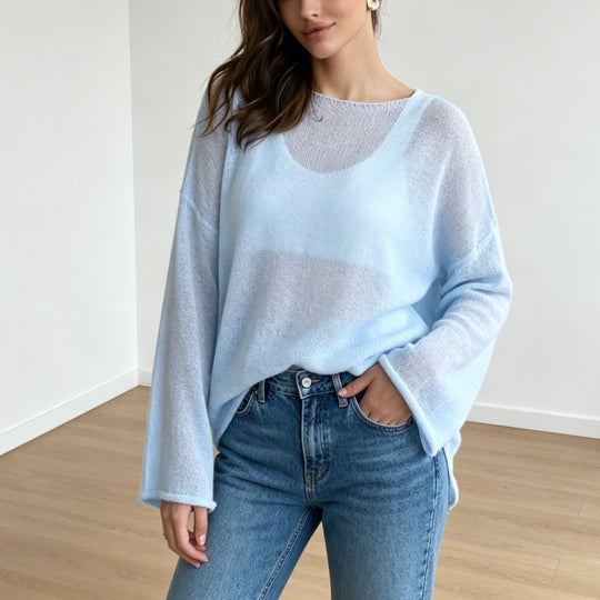 Damen luftiger Oversize-Feinstrickpullover mit weitem Arm und Rundhalsausschnitt EB