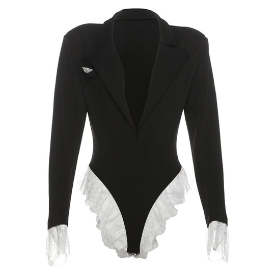 Damen Body mit raffiniertem Blazer-Stil und Spitzenbesatz EB