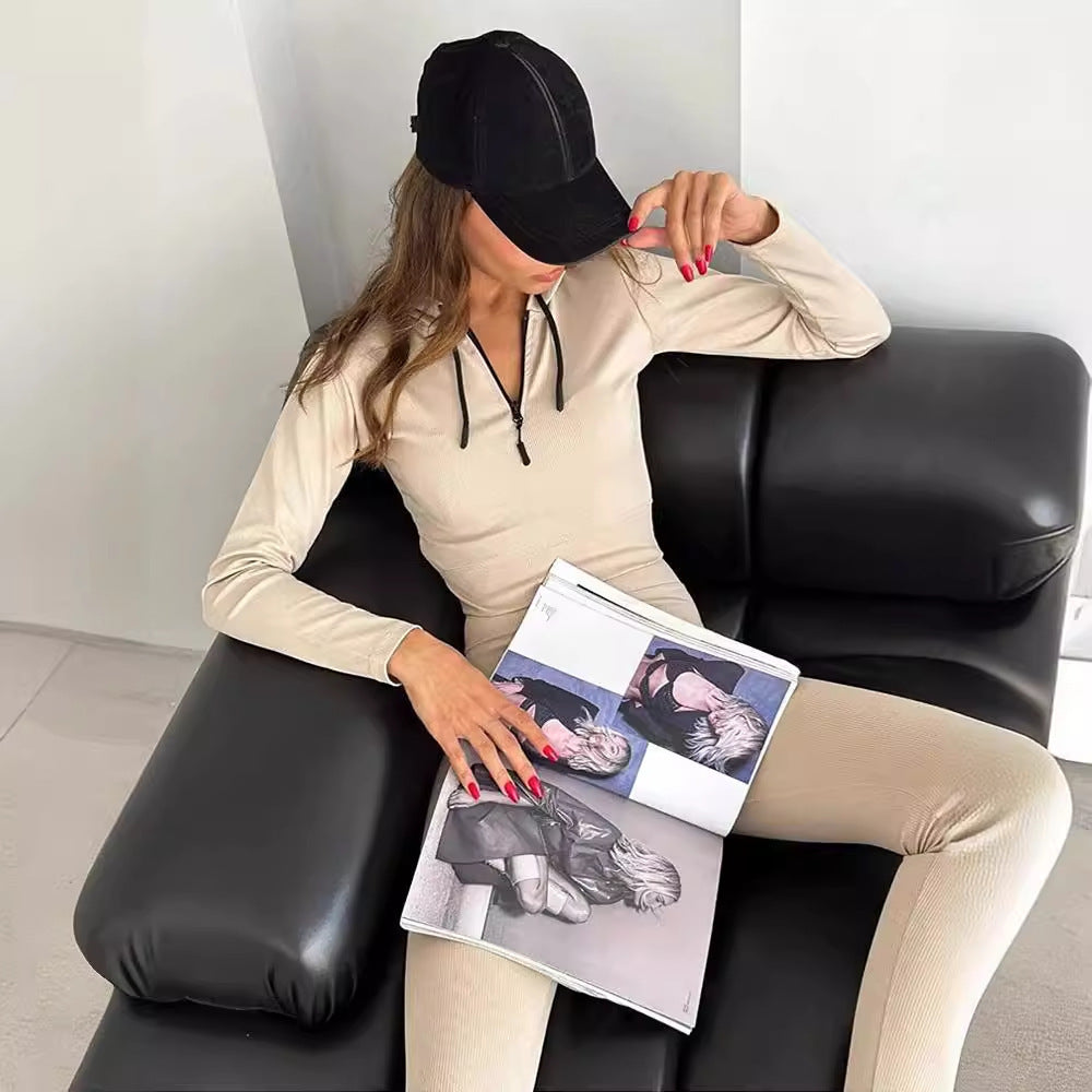 Damen geripptes Lounge-Set mit halbem Reißverschluss und hoher Taille EB