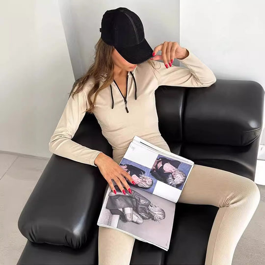 Damen geripptes Lounge-Set mit halbem Reißverschluss und hoher Taille EB
