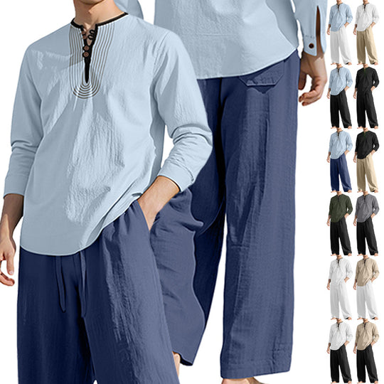 Herren nan Tunika- und Palazzohose-Set mit Henley-Blende, Zierstickerei und weitem Schnitt EB
