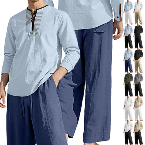 Herren nan Tunika- und Palazzohose-Set mit Henley-Blende, Zierstickerei und weitem Schnitt EB