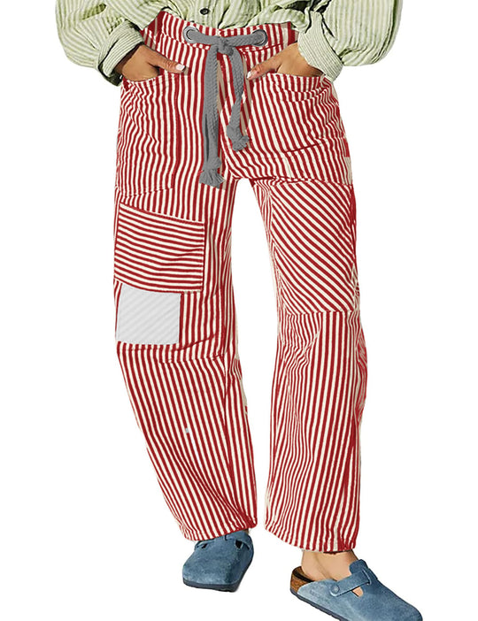 Damen nan lässige gestreifte Leinenhose mit Kordelzug und aufgesetzten Taschen EB