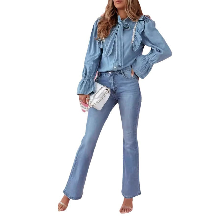 Damen Denim Hemd mit Rüschen und Schleifen-Details EB
