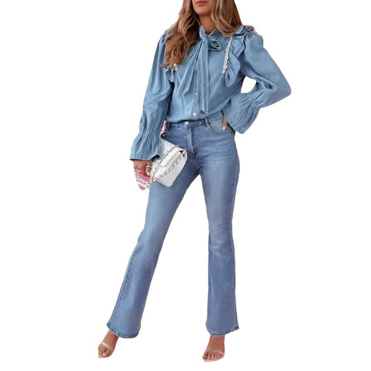 Damen Denim Hemd mit Rüschen und Schleifen-Details EB
