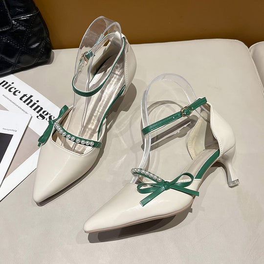 Damen elegante Pumps mit transparentem Fesselriemen und dekorativen Perlen EB