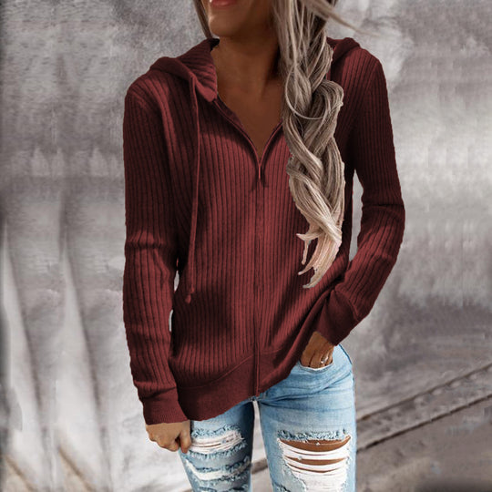 Damen Strickjacke mit Kapuze und Rippstruktur EB
