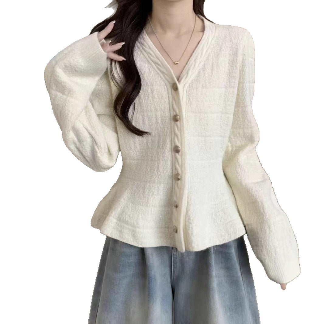 Damen elegante Strickjacke mit strukturiertem Design und femininen Puffärmeln EB