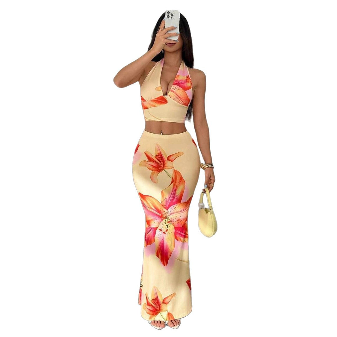 Damen Zweiteiliges Sommeroutfit mit floralem Design und elegantem V-Ausschnitt EB