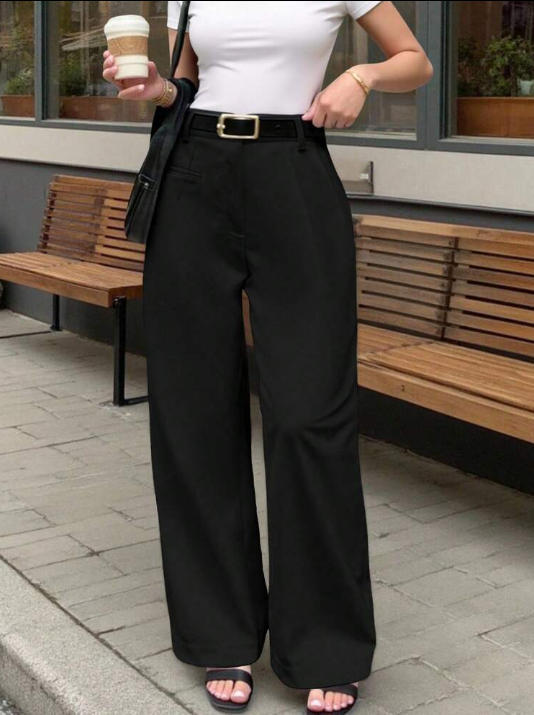 Damen Elegante und bequeme High-Waist Stoffhose mit breitem Bein EB