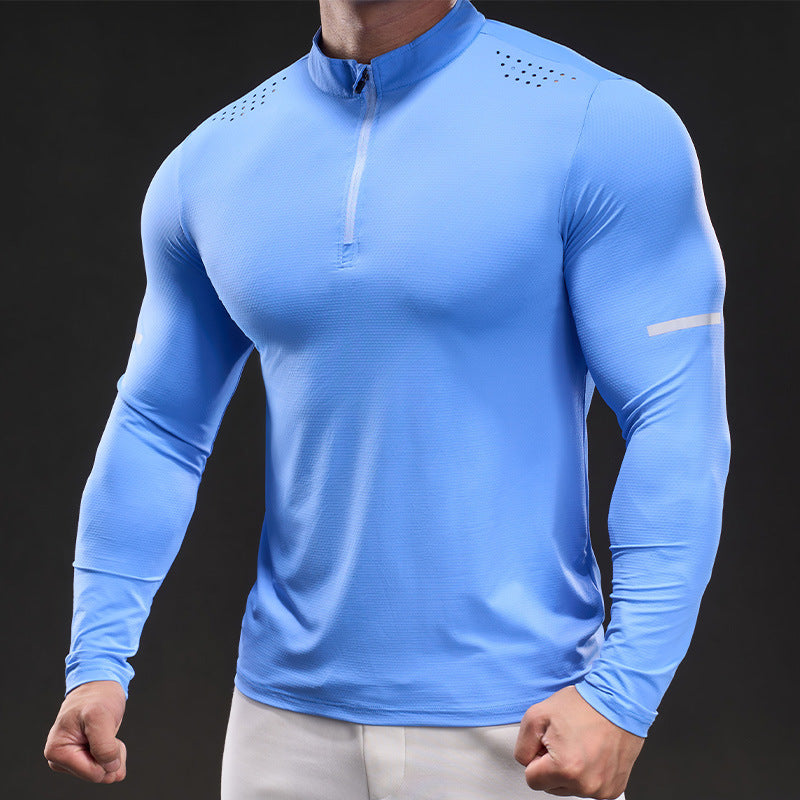 Herren Atmungsaktives Longsleeve Trainingsshirt mit Stehkragen und Kurz-Reißverschluss EB