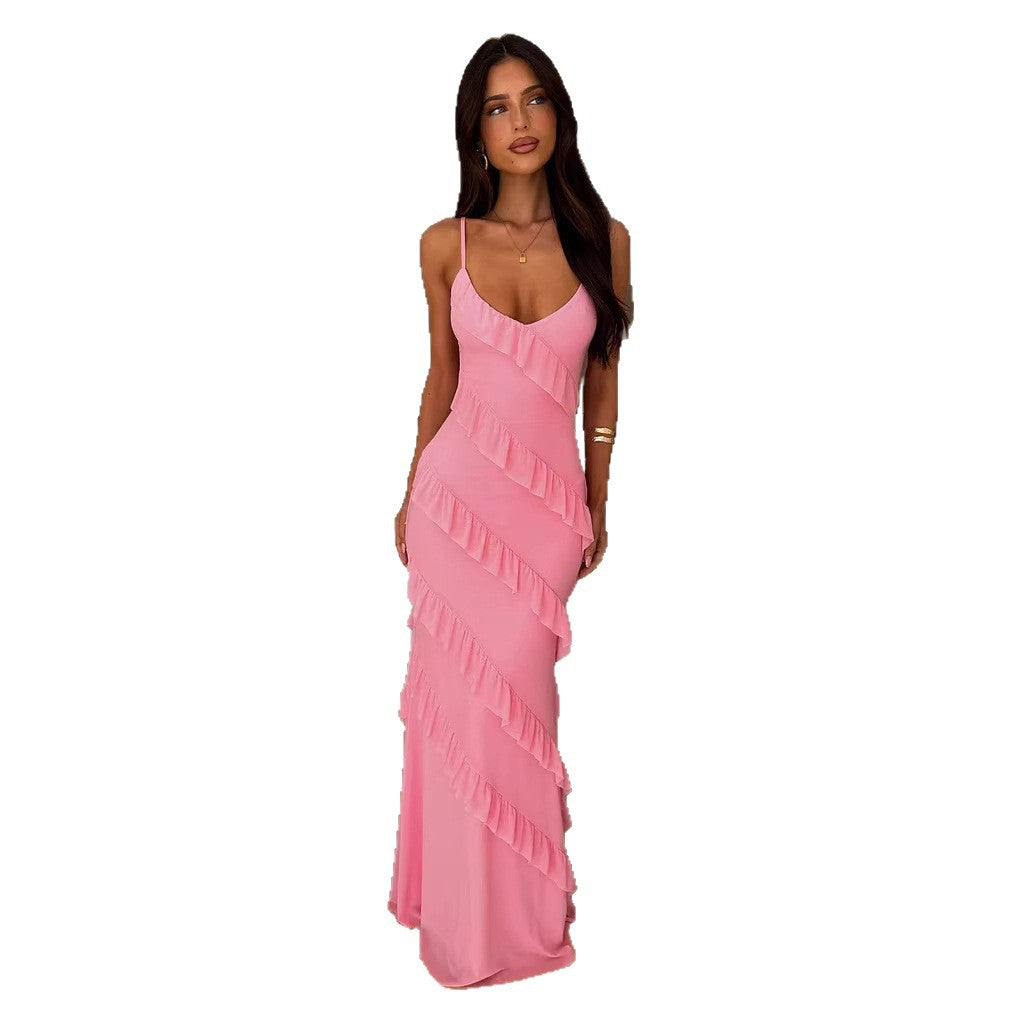 Damen Maxikleid mit elegantem Volantdesign und verstellbaren Trägern EB