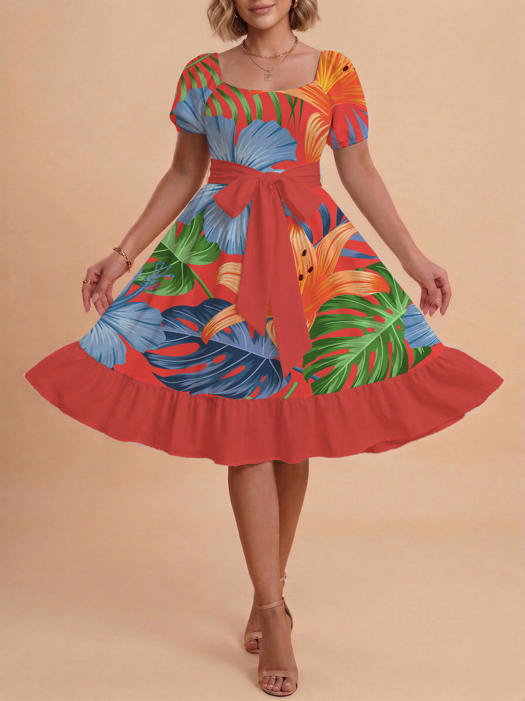 Damen elegantes Maxikleid mit floralem Design und Taillengürtel EB