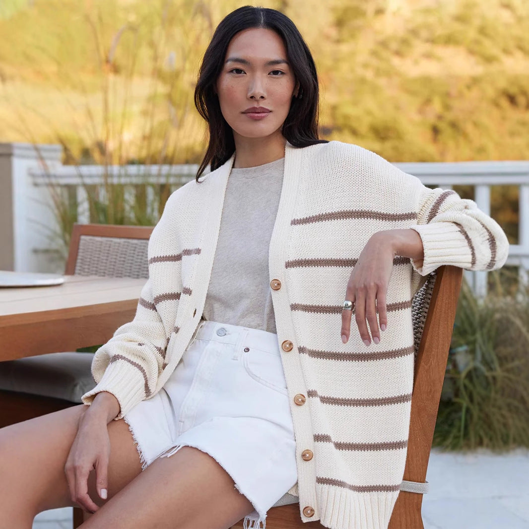 Damen Strickcardigan mit V-Ausschnitt und groben Streifen EB
