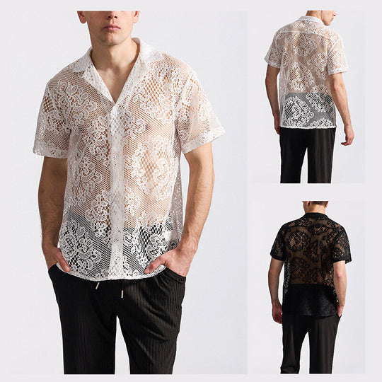 Herren Designer-Hemd aus transparentem Häkelmaterial mit floralem Muster EB