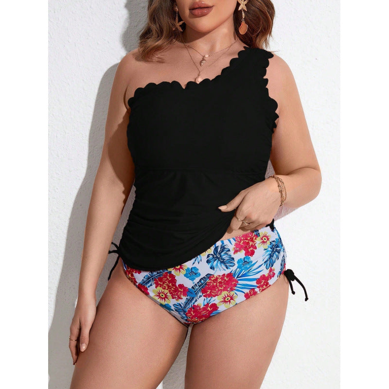Damen Einseitiger Badeanzug mit Rüschendesign und Blumenmuster EB