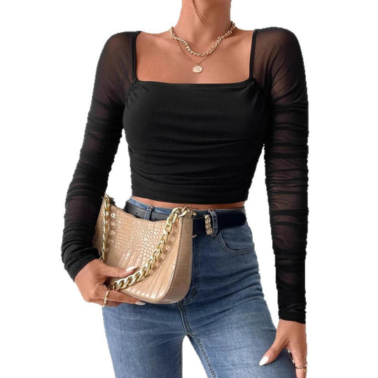 Damen Cropped Oberteil mit transparenten Ärmeln EB