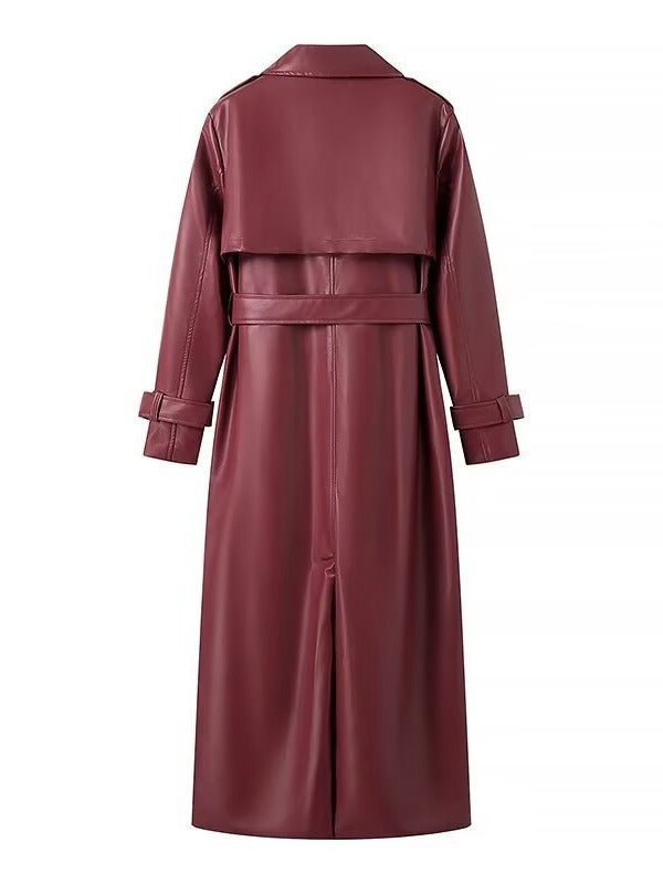 Damen Kunstleder-Trenchcoat mit taillierbarem Gürtel und schickem Kragen EB