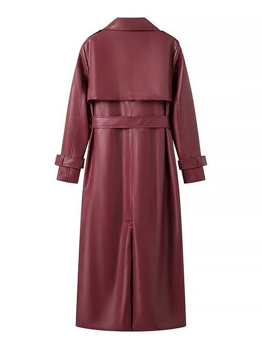 Damen Kunstleder-Trenchcoat mit taillierbarem Gürtel und schickem Kragen EB